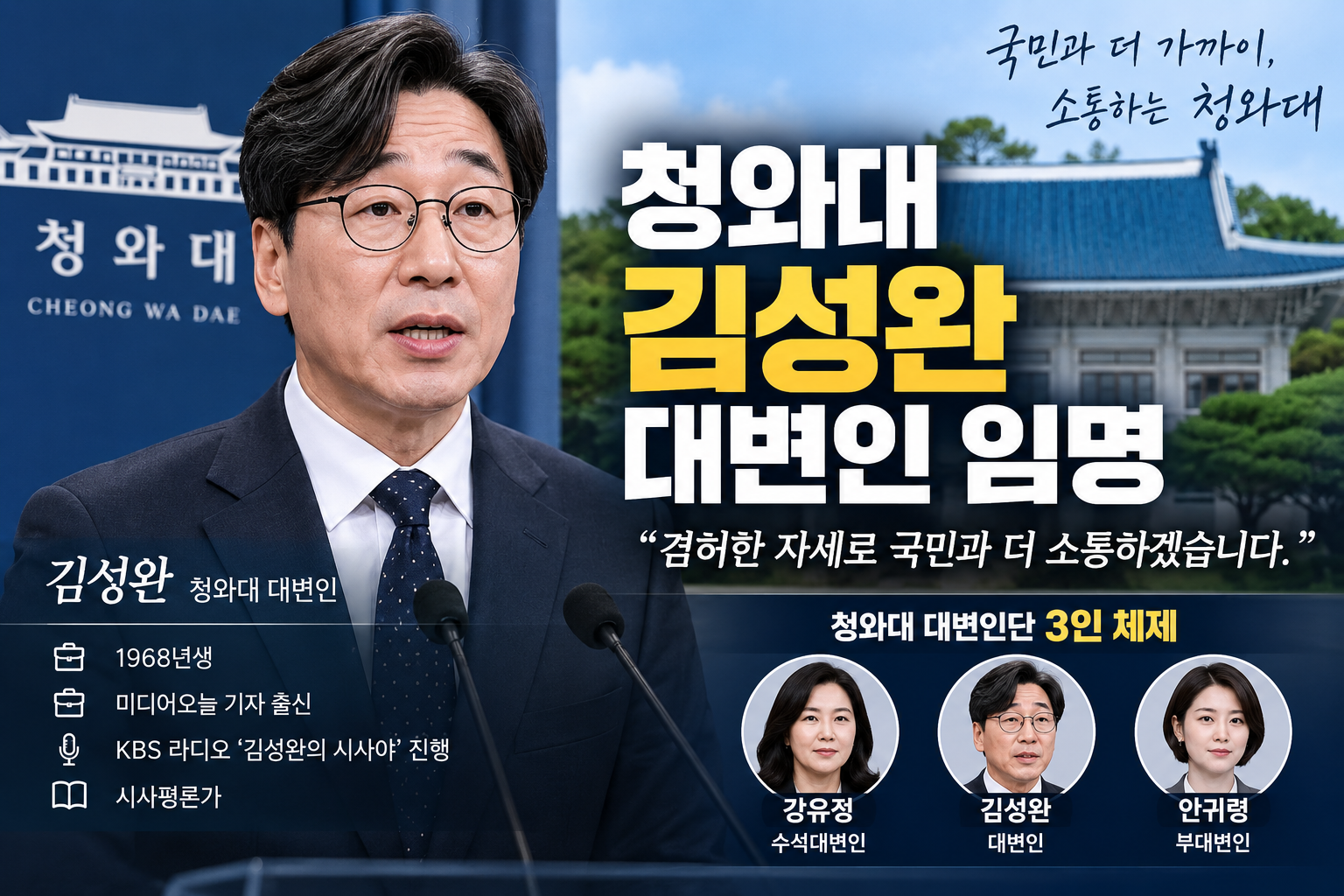 청와대 김성완 대변인 임명, 누구? 프로필·나이·주요 경력 총정리
